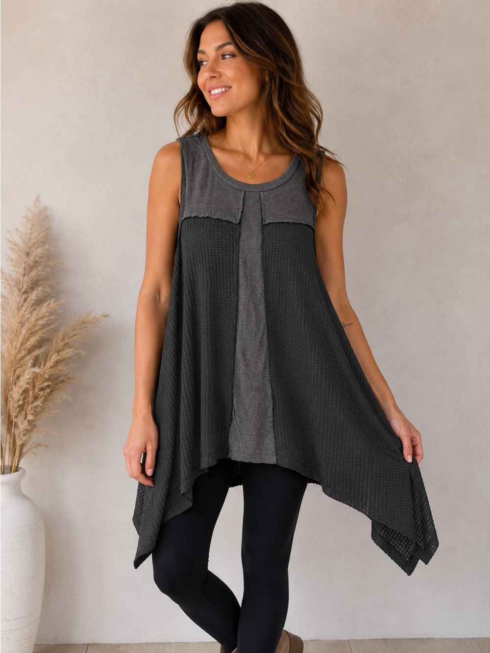 POL Black Waffle Knit Sharkbite Tunic Dress Boho Sleeveless Small